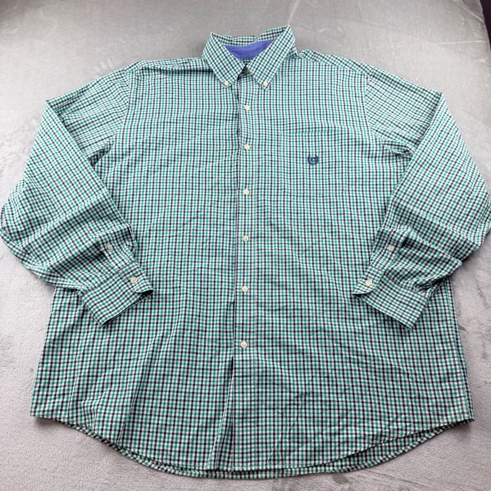 Chaps Easy Care Mens 2XLT Green Navy Gingham Plaid Button Down Shirt Long Sleeve
